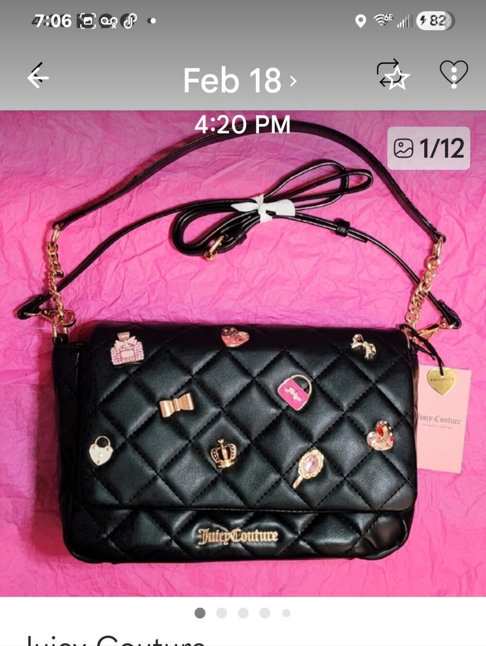 NEW NWT Juicy Couture Black Quilted Color Licorice Crossbody with Charm Accents